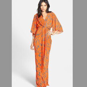 Anthropolgie S Filtre Orange Floral Print Maxi Long Wrap Flutter Kimono Dress